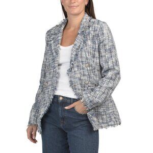 ELLEN TRACY Blue Boucle Fringe Trim Double Breasted Boucle Blazer